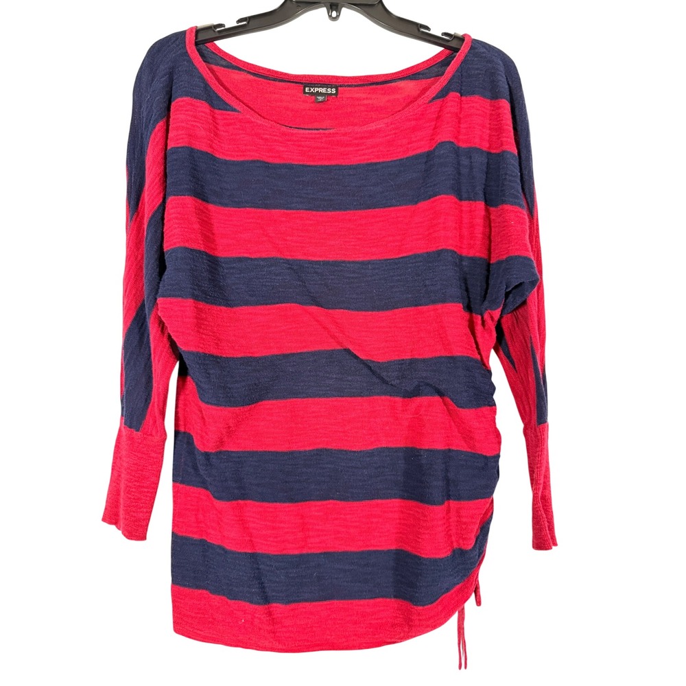 Express Red Navy Blue Striped Boat Neck Ruched Side Tie Dolman Top Small